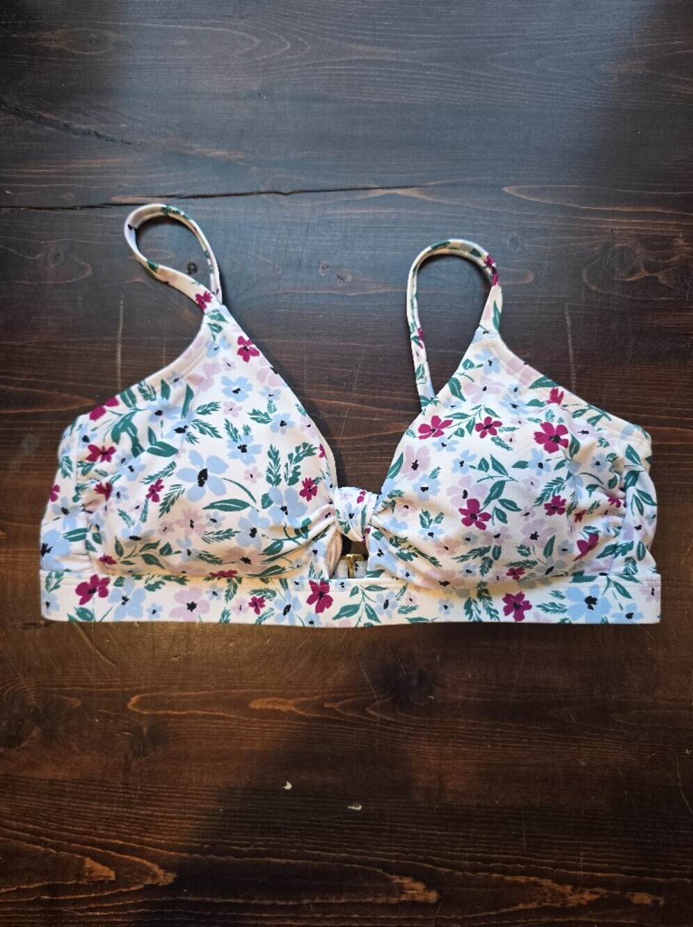 Kona Sol Floral Cinch Front Bikini Top White Pink Blue - Size Medium